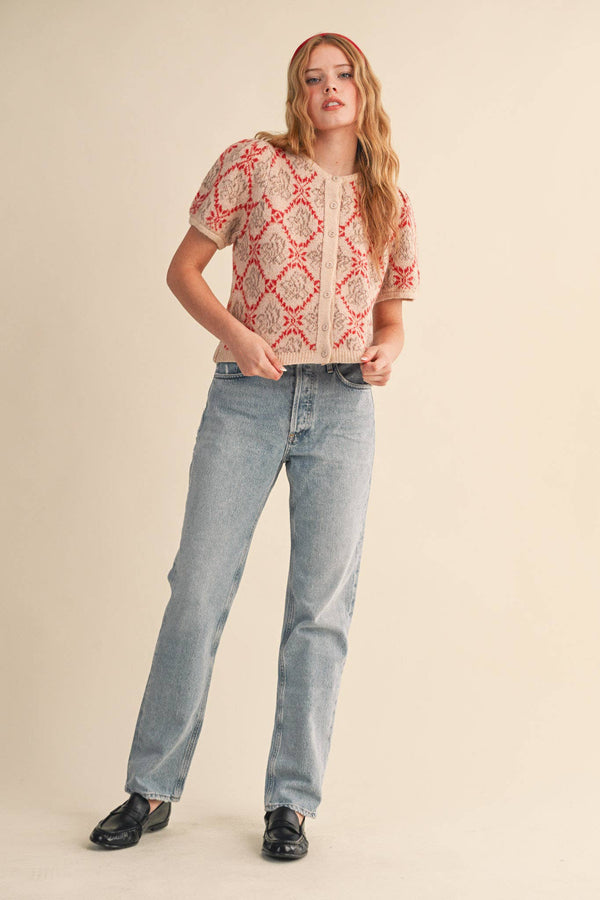 FLORAL SHORT SLEEVE SWEATER CARDIGAN MSW11258-Blue Hand Home