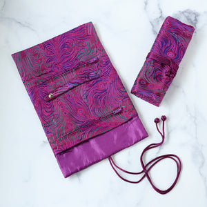 Peacock Feather Brocade Jewelry Rolls, Travel Jewelry Pouch-Blue Hand Home