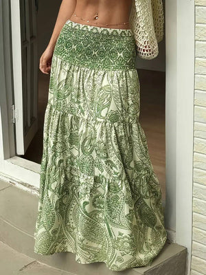 Smocked Elastic Beach Paisley Print Tiered Maxi Skirt-Blue Hand Home