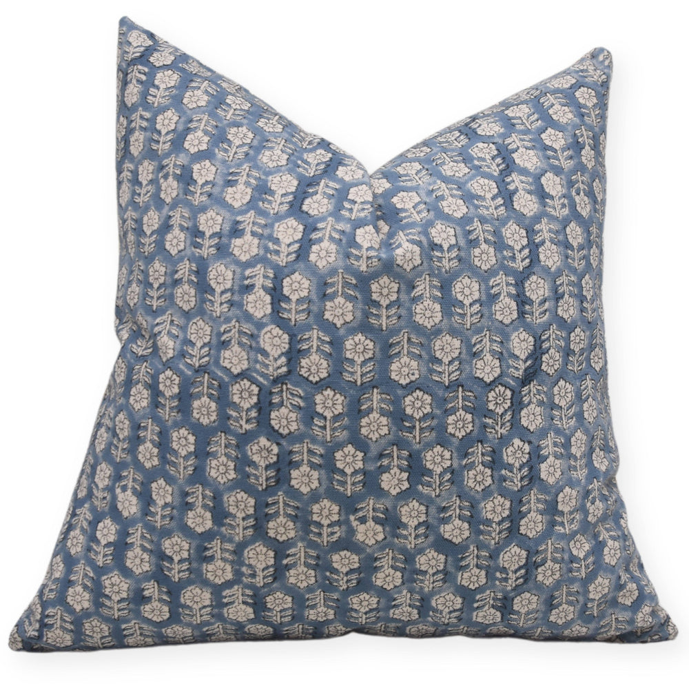 Stylish Block Printed Duck Canvas Pillow Cover - Tulsi Buti-Blue Hand Home