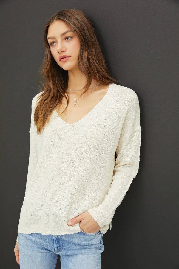 HEATHERED V-NECK LONG SLEEVE SWEATER-Blue Hand Home