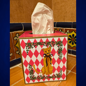 Paper Mache Kleenex Box with leopard w/ blk bow and flowers-Blue Hand Home