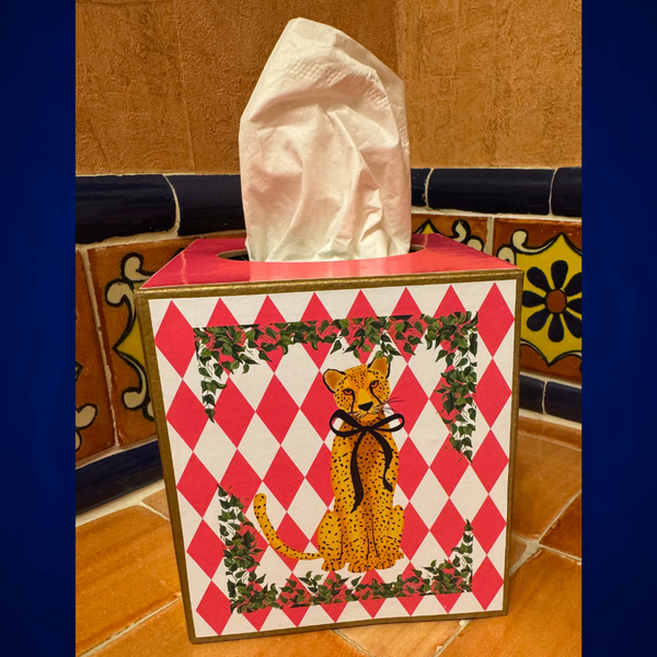 Paper Mache Kleenex Box with leopard w/ blk bow and flowers-Blue Hand Home