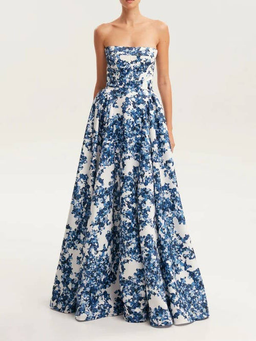 Elegant Strapless Floral Maxi Dress-Blue Hand Home