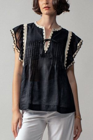 Vintage Lace Flutter Sleeve Woven Top-Blue Hand Home