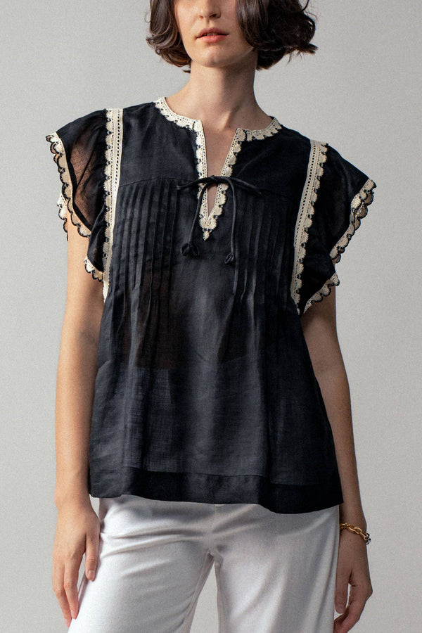 Vintage Lace Flutter Sleeve Woven Top-Blue Hand Home