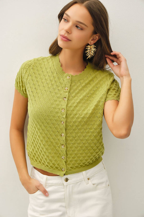 POINTELLE STITCH SHORT SLEEVE CARDIGAN-Blue Hand Home