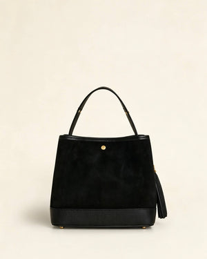Large Suede Bucket Bag With Genuine Leather Details