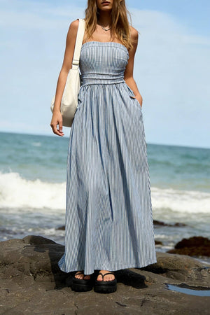 Effortless vibe Pinstripe strapless A-line skirt maxi dress-Blue Hand Home