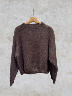 Round neck long sleeve sweater in 80% kid mohair: Navy Blue / One size-Blue Hand Home