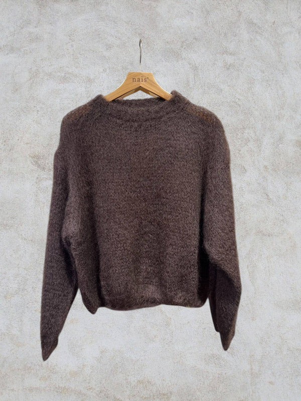 Round neck long sleeve sweater in 80% kid mohair: Navy Blue / One size-Blue Hand Home