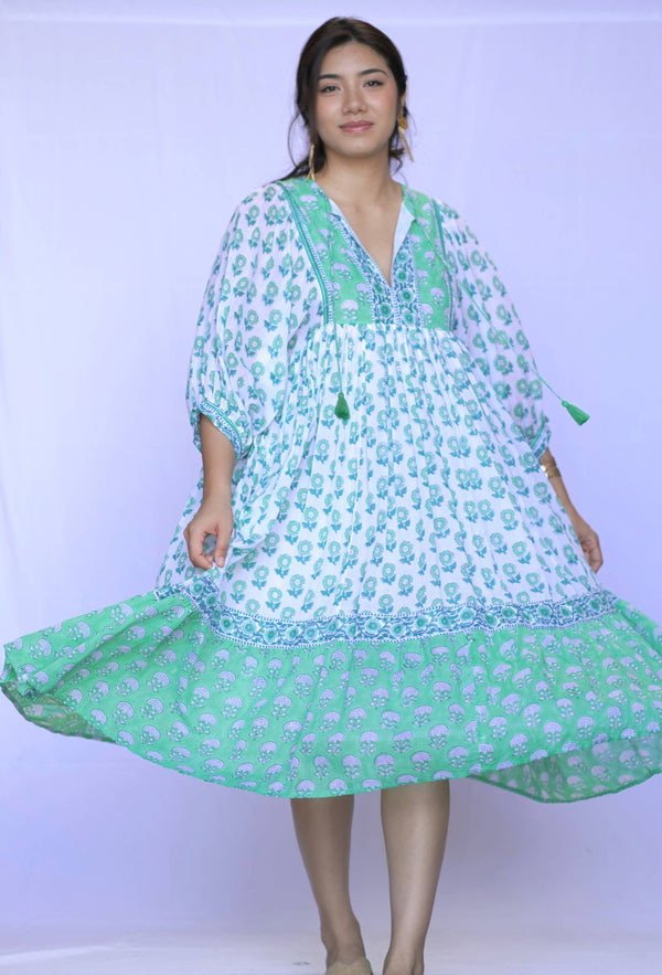 Mylah Midi Dress Block Printed Green White -Blue Hand Home
