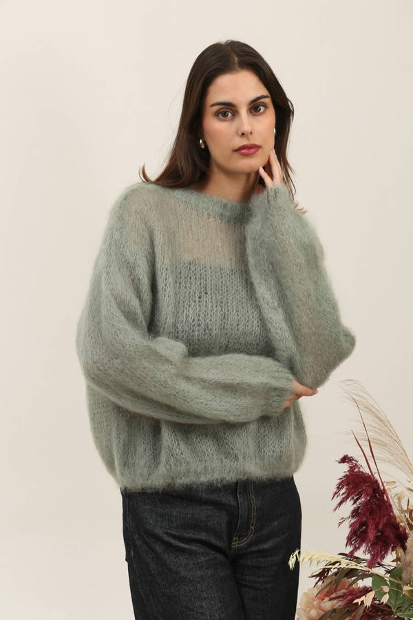 Round neck long sleeve sweater in 80% kid mohair: Kaki / One size-Blue Hand Home