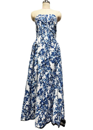 Elegant Strapless Floral Maxi Dress-Blue Hand Home