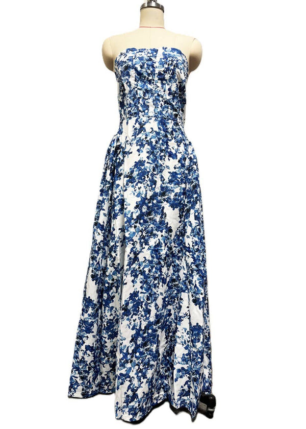 Elegant Strapless Floral Maxi Dress-Blue Hand Home