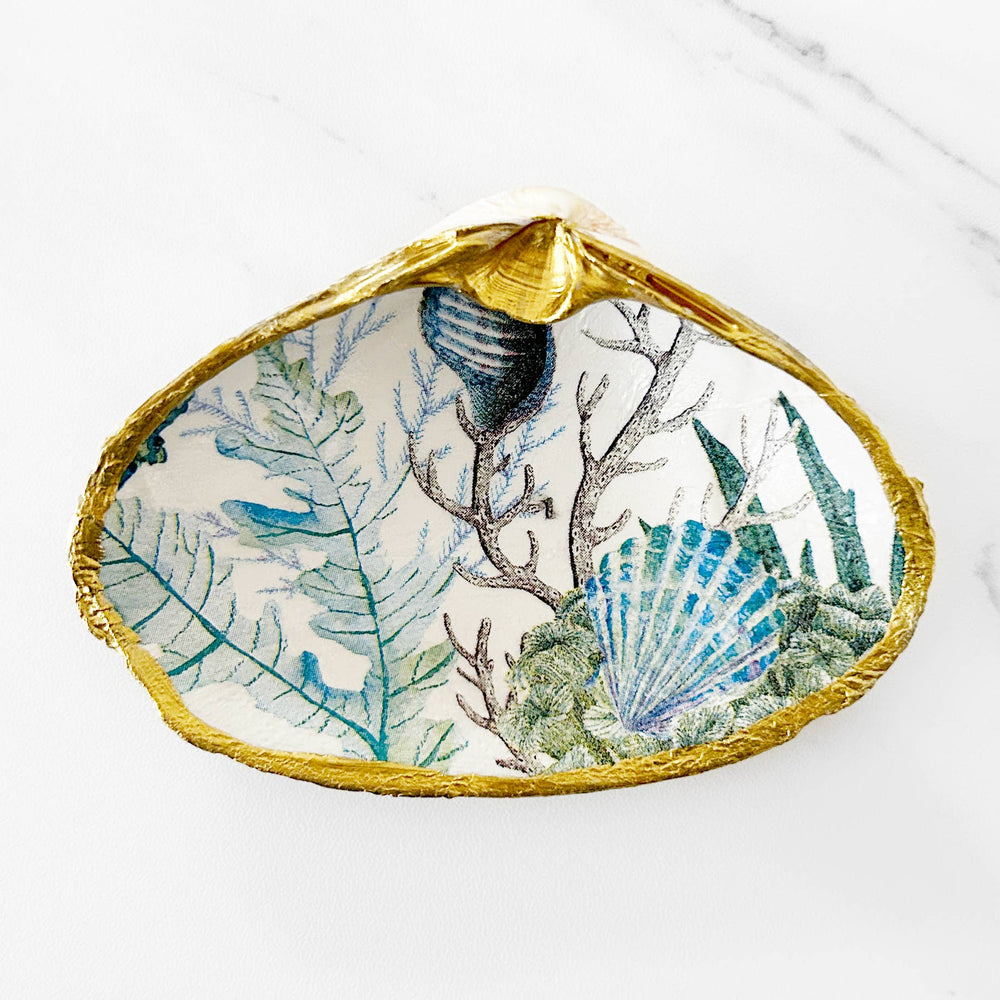 Starfish Coral Reef Decoupage Clam Shell Trinket Dish-Blue Hand Home