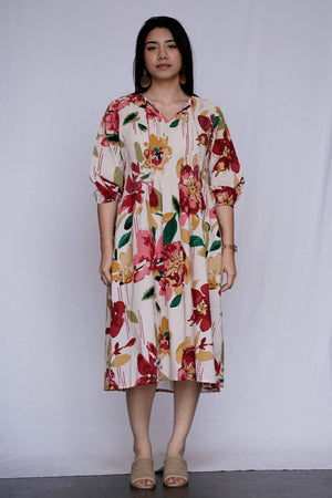 Romantic Garden Midi Dress - Red-Mustard