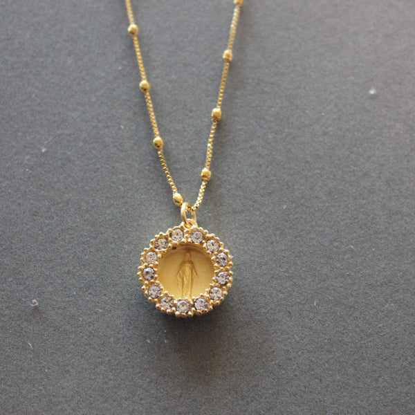 CZ Accent Mary Medal Pendant/Charm Necklace-Blue Hand Home