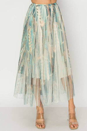 Chic Lined Pleated Tulle Midi Skirt With Elastic Waist - 4034 BG/DD NAVY FL-Blue Hand Home