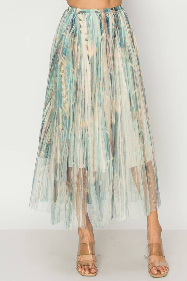 Chic Lined Pleated Tulle Midi Skirt With Elastic Waist - 4034 BG/DD NAVY FL-Blue Hand Home