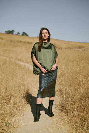 50691 - Front Slit Sequin Pencil Skirt-Blue Hand Home