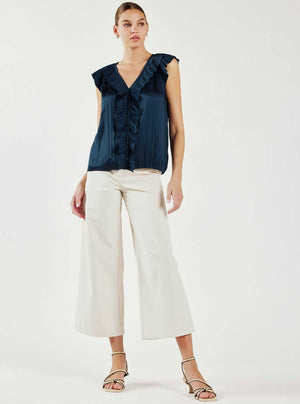 Button Front Pleated Blouse-Blue Hand Home