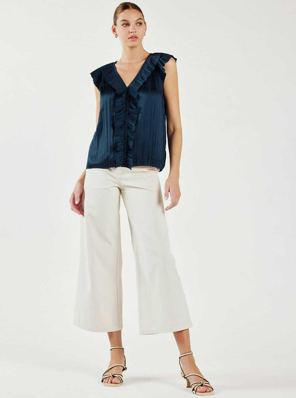 Button Front Pleated Blouse-Blue Hand Home