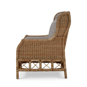 Bramble Hampton Rattan Wing Chair In Natural Rattan W/ Spivey Rost Fabric-Bramble-Blue Hand Home