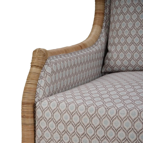 Bramble Hampton Rattan Wing Chair In Natural Rattan W/ Spivey Rost Fabric-Bramble-Blue Hand Home