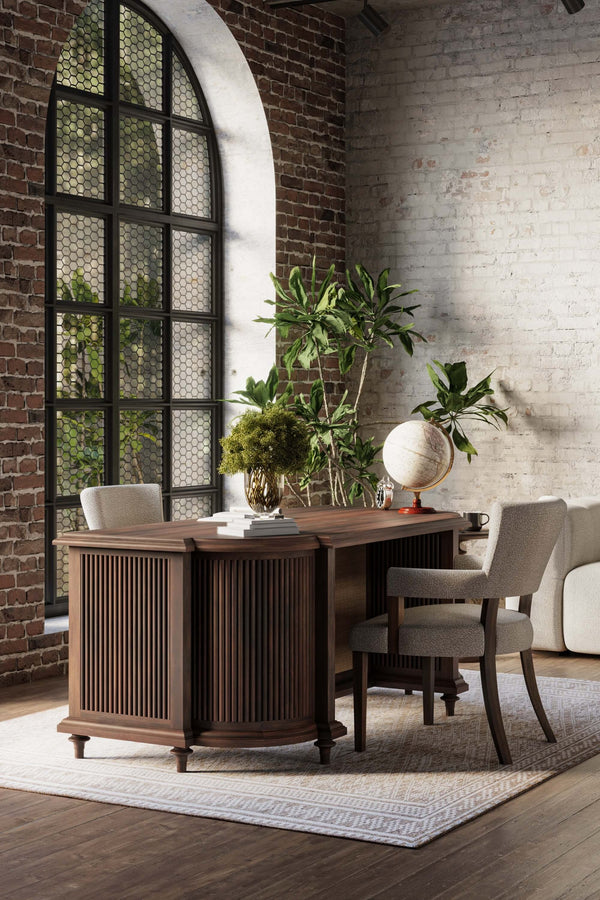 Genevieve Dining Chair In Walnut W/ Boucle Sand Performance Fabric-Blue Hand Home