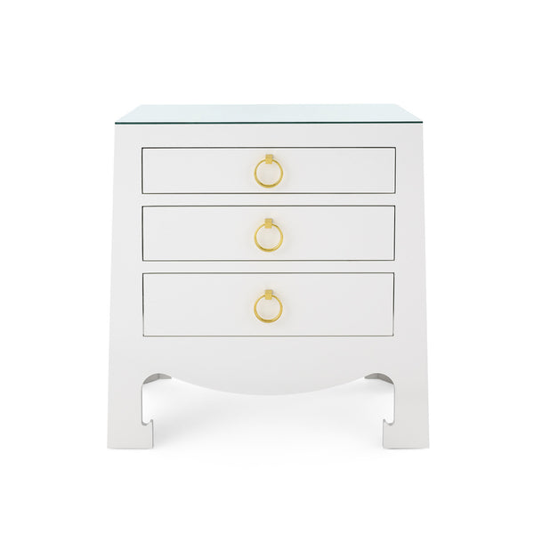 Jacqui 3-Drawer Side Table with Glass Top, Chiffon White