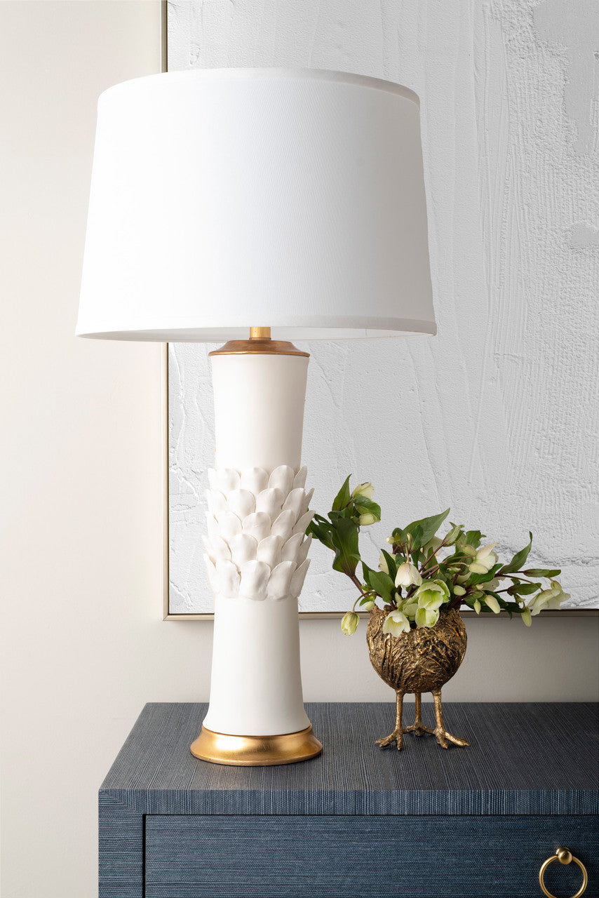 Jasmine Lamp with Shade 17-inch White Linen, with Gold, Blanc de Chine