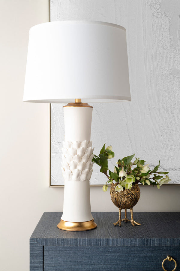 Jasmine Lamp with Shade 17-inch White Linen, with Gold, Blanc de Chine