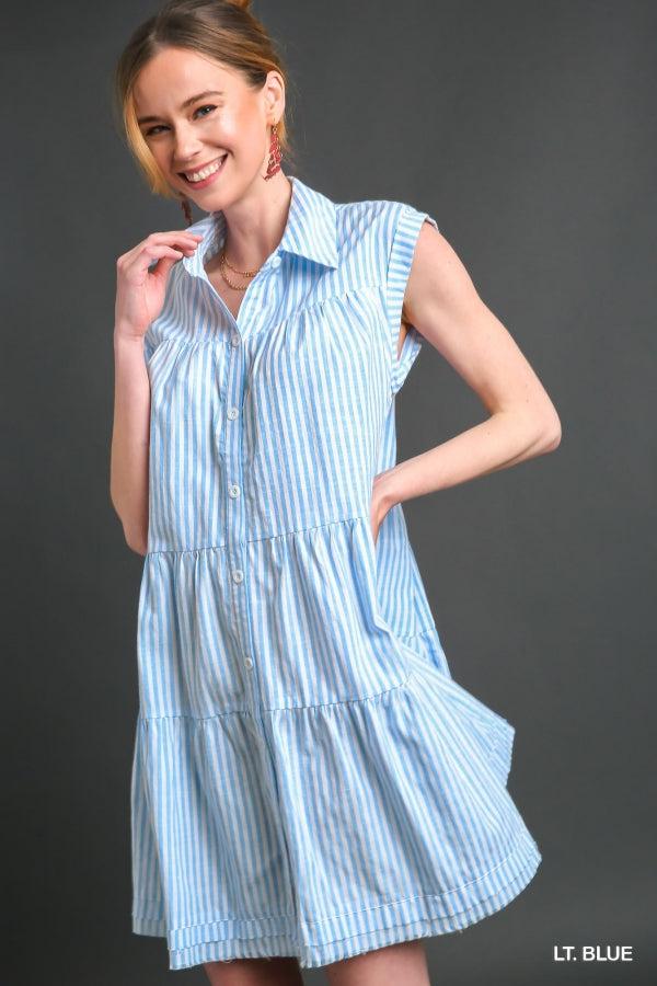 Stripped Collared Button Down Tiered Dress