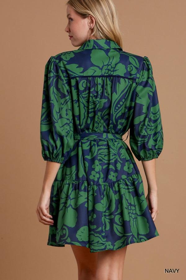 Two Tone Floral Dress with Belt-Blue Hand Home