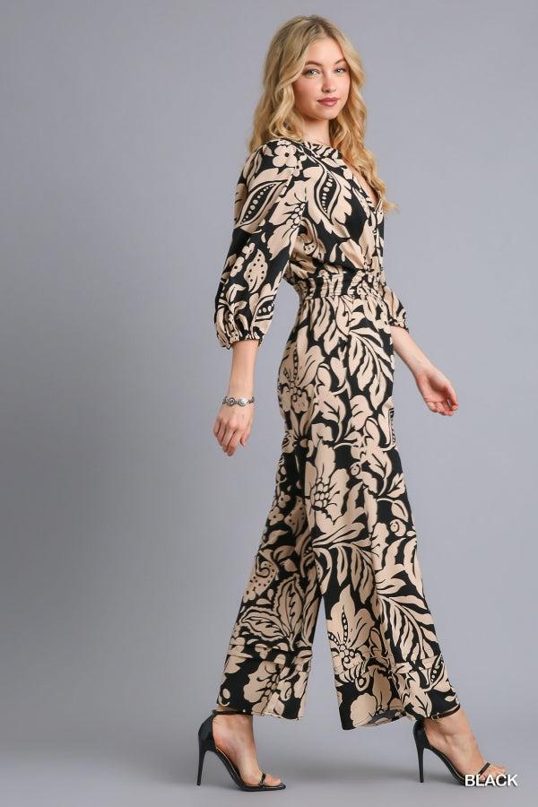 Two Tone Print Balloon Sleeve, Button, Smocked Waist