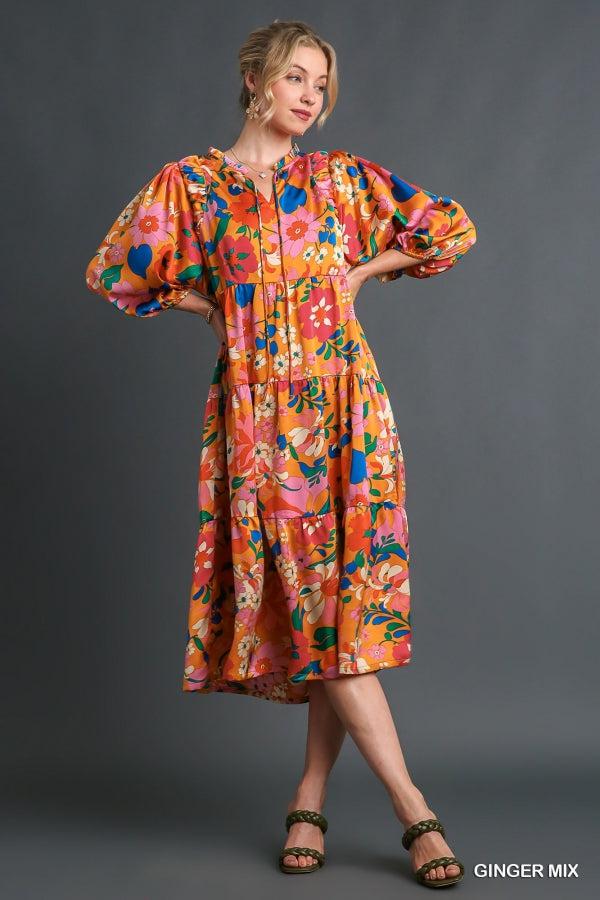 Satin Floral BabyDoll Tiered Dress with Shirring on Shoulders