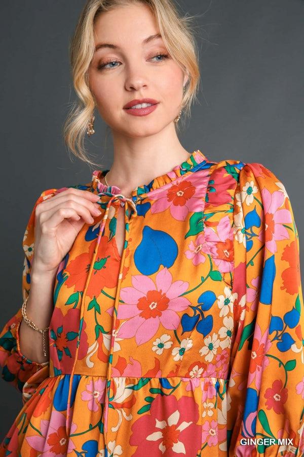 Satin Floral BabyDoll Tiered Dress with Shirring on Shoulders