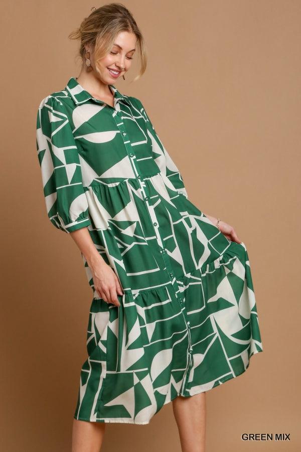 Abstract Print Collared Button Down Tiered Midi Dress