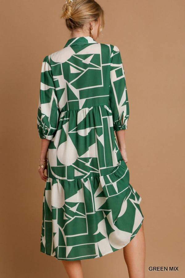 Abstract Print Collared Button Down Tiered Midi Dress
