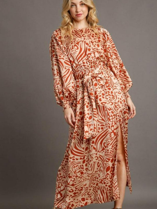 Satin Animal Print Round Neck Balloon Sleeve Maxi Dress