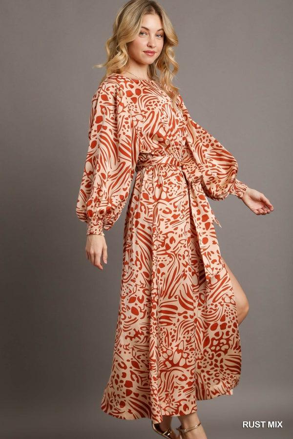 Satin Animal Print Round Neck Balloon Sleeve Maxi Dress
