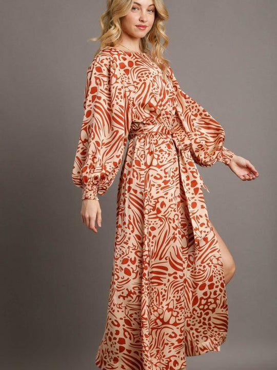 Satin Animal Print Round Neck Balloon Sleeve Maxi Dress