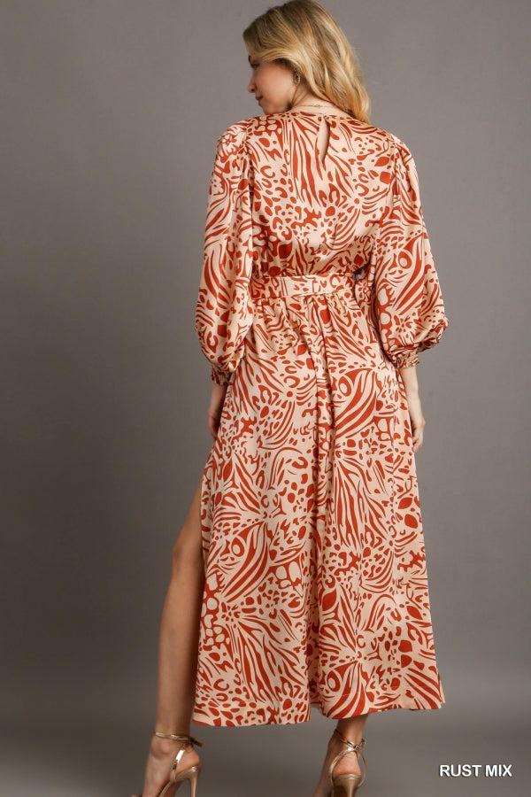 Satin Animal Print Round Neck Balloon Sleeve Maxi Dress
