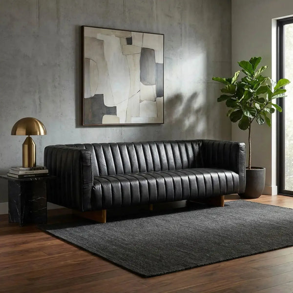 Khann Sofa, Ebony Black Leather-Noir Furniture-Blue Hand Home