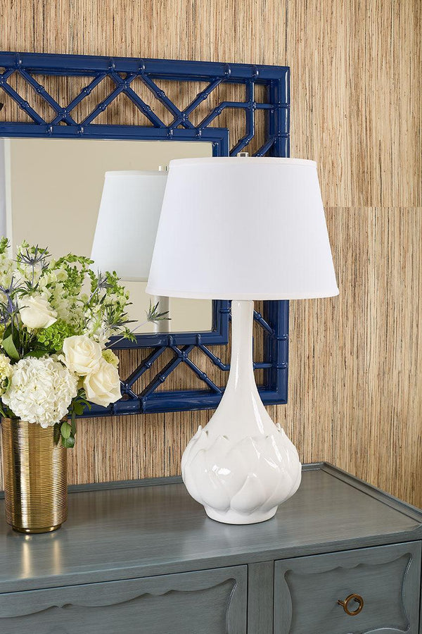 Lotus Lamp with Shade 16-inch White Linen, with Nickel-Blue Hand Home