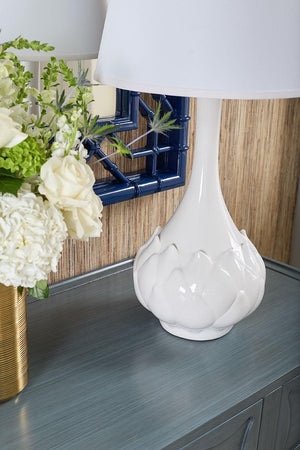 Lotus Lamp with Shade 16-inch White Linen, with Nickel-Blue Hand Home