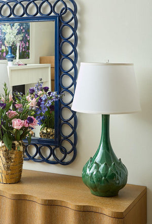 Lotus Lamp with Shade 16-inch White Linen, with Nickel-Blue Hand Home