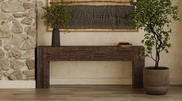 Tuscan Teak Console in Tuscan Brown w/ Weathered Teak Distress-Blue Hand Home