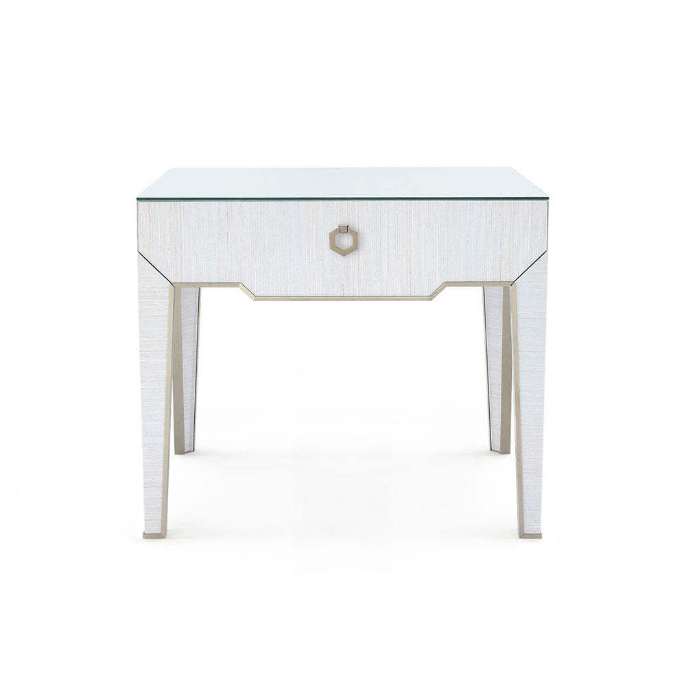 Madeline 1-Drawer Side Table with Glass Top, Platinum Shimmer-Blue Hand Home